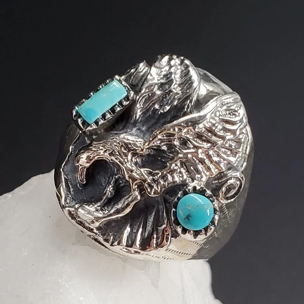 Men's Designer Jewelry Solid Sterling Silver 925 Ring Genuine Turquoise